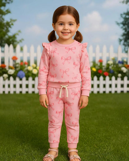 Kids Winter Fleece Suit—Pink Ribbon Print in soft fleece fabric