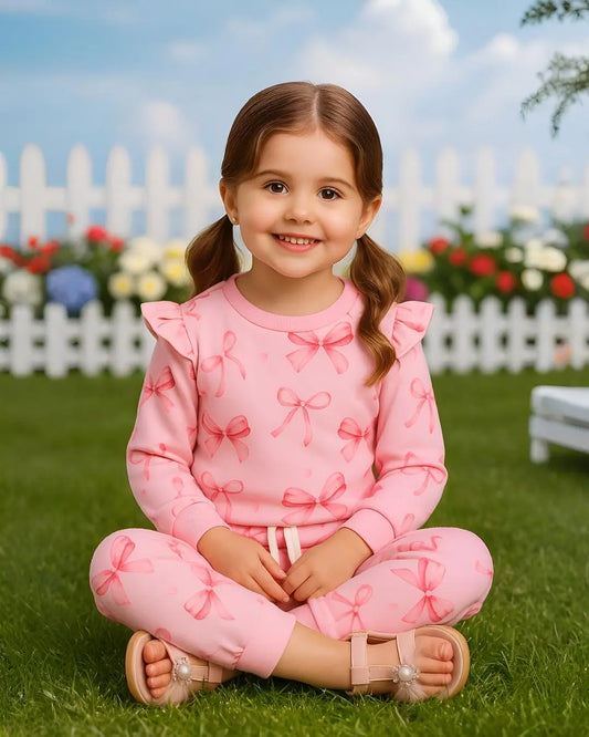 "Kids' winter fleece suit with pink ribbon print—a warm, cozy outfit for boys and girls"
