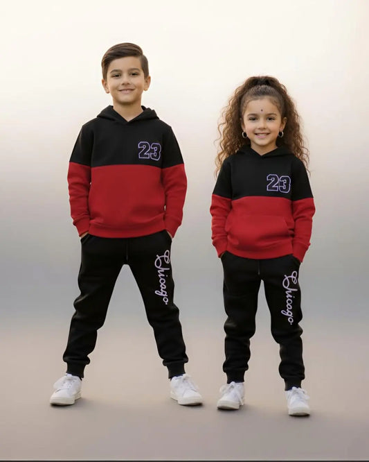 Kids Winter Fleece Suit – Red Panel 23 Sport Print in soft fleece fabric