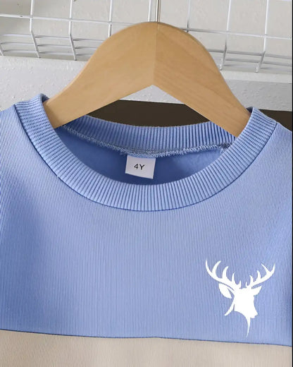 "Kids' winter fleece suit with sky blue panel print—a warm, cozy outfit for boys and girls"