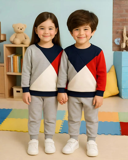 Kids Winter Fleece Suit – Triangle Panel Print in navy fleece fabric