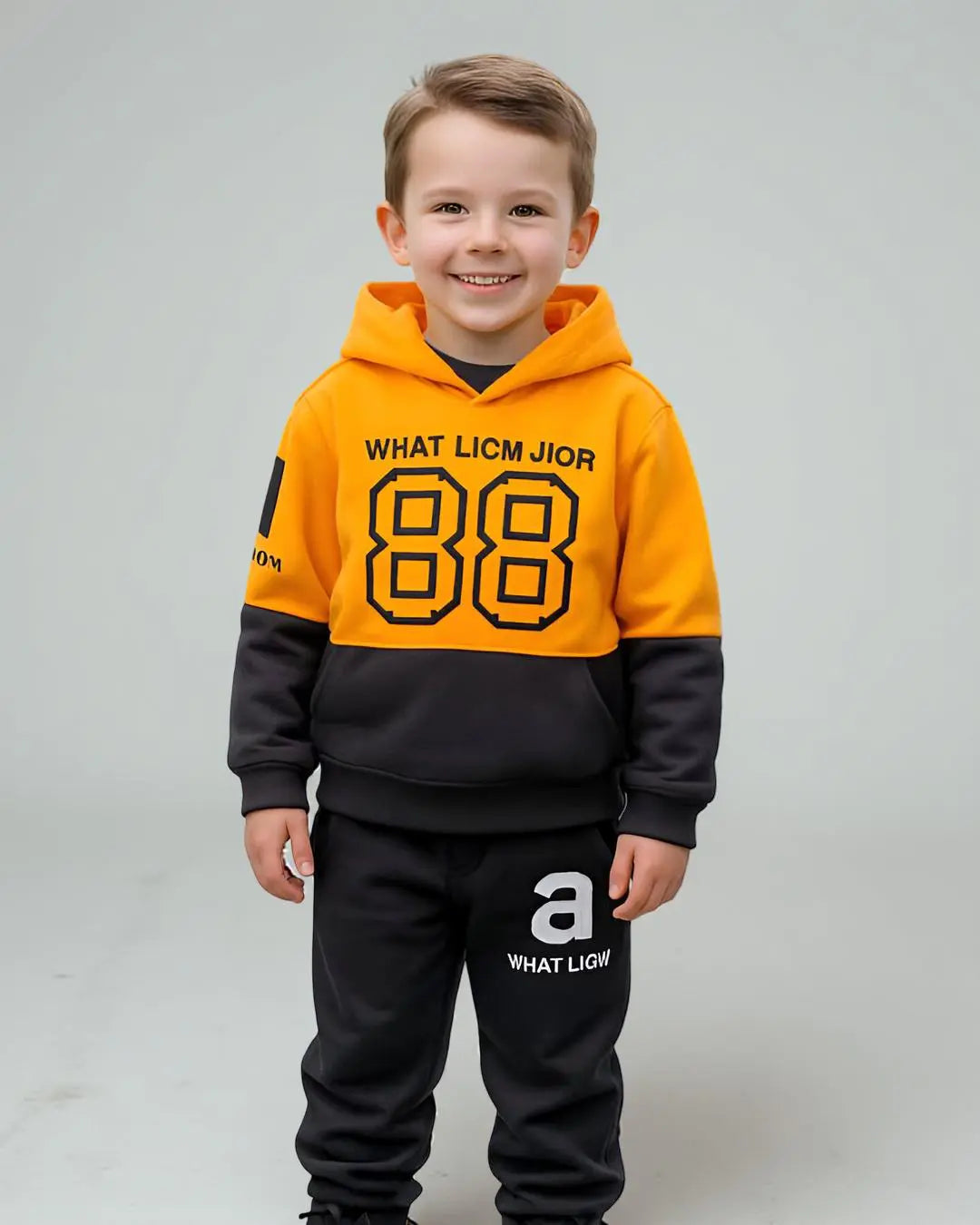 Kids Winter Fleece Suit—Yellow 88 Sport Print in warm, soft fleece fabric