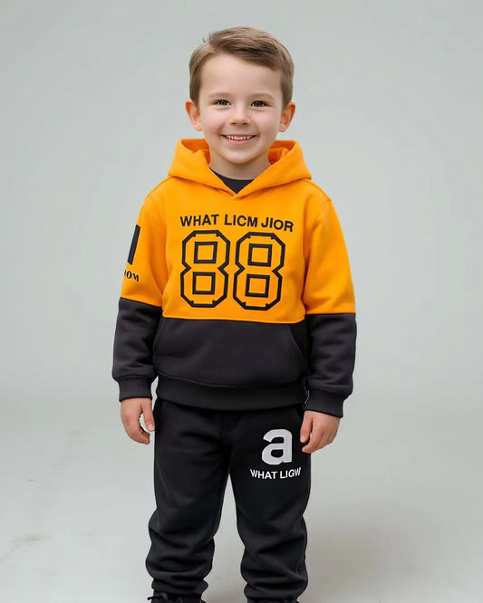 Kids Winter Fleece Suit—Yellow 88 Sport Print in warm, soft fleece fabric