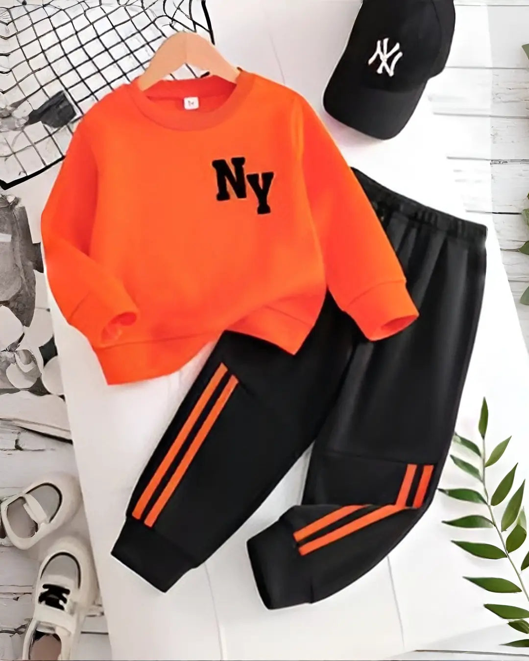 Kids Winter Fleece Tracksuit – Orange NY Print for kids in Pakistan