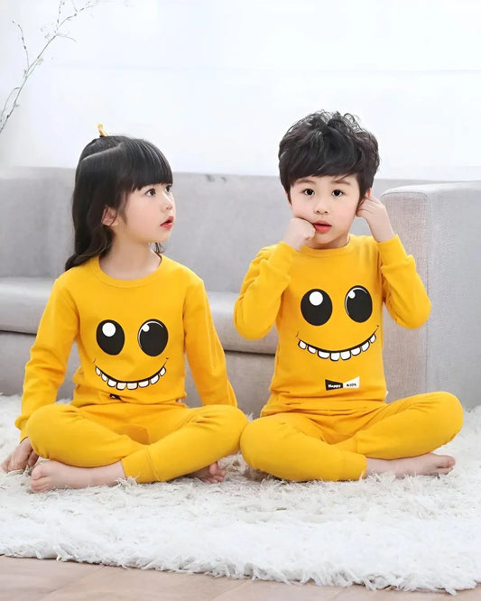Yellow smiley print kids suit in soft fabric – DreamySet Pakistan