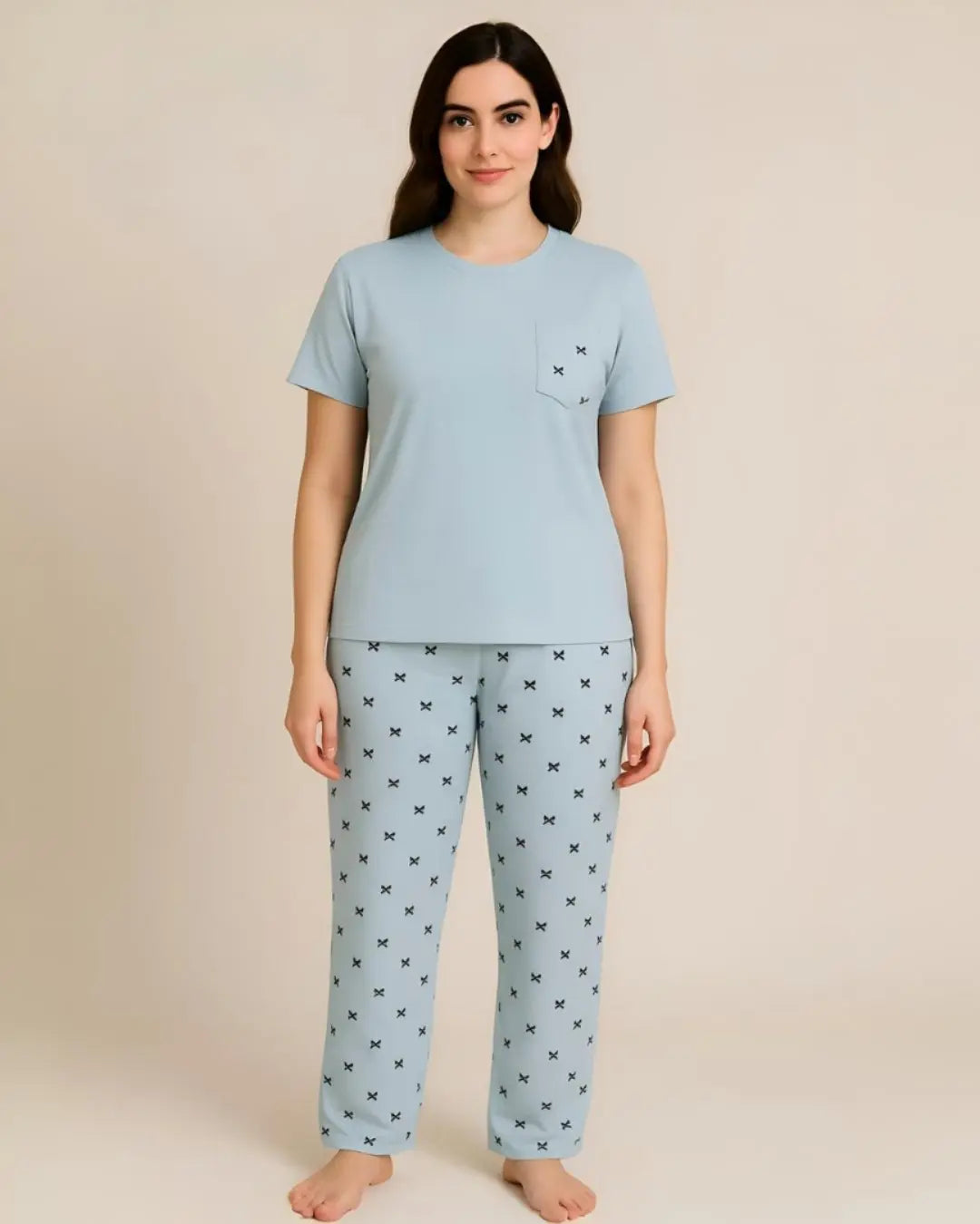 "Light blue night suit with mini cross print design – soft comfortable women’s sleepwear"