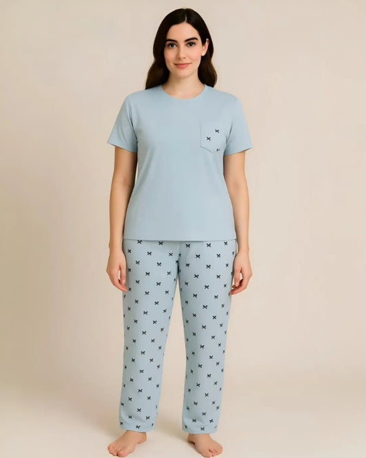 "Light blue night suit with mini cross print design – soft comfortable women’s sleepwear"
