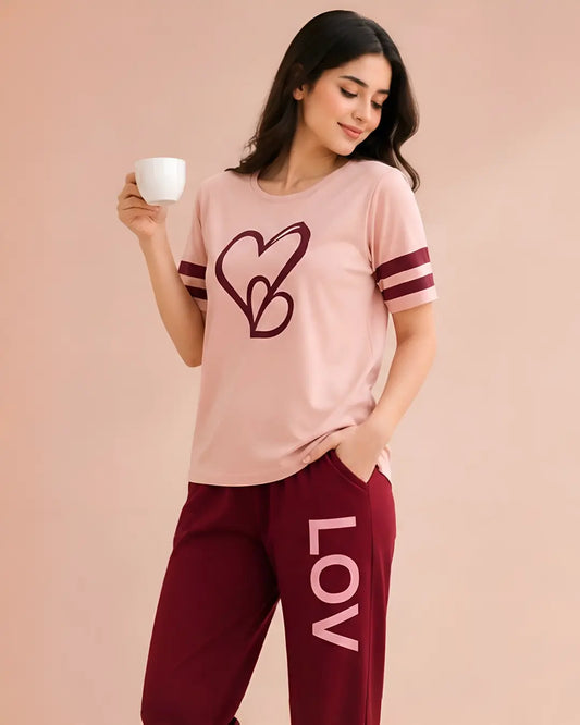 Loved heart print pajama set for women – soft comfortable sleepwear