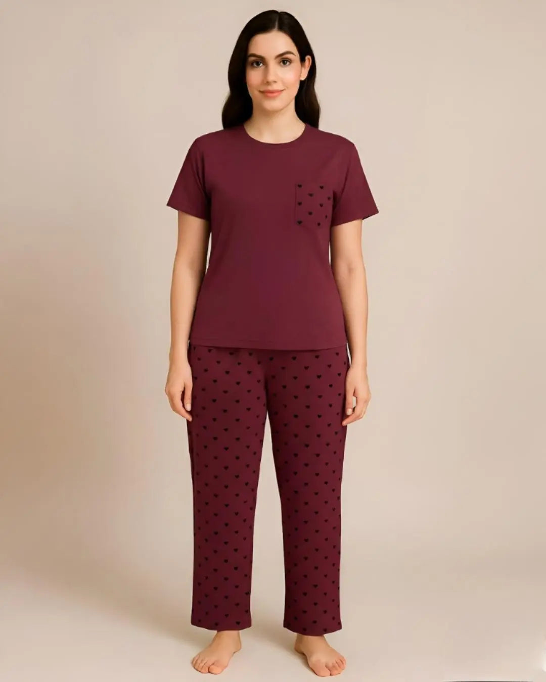 Maroon night suit with mini heart print design