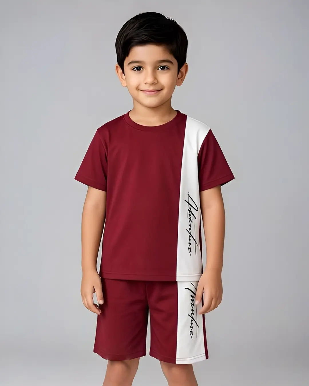 Maroon Signature Print Kids Shorts Set for boys and girls soft comfortable summer wear