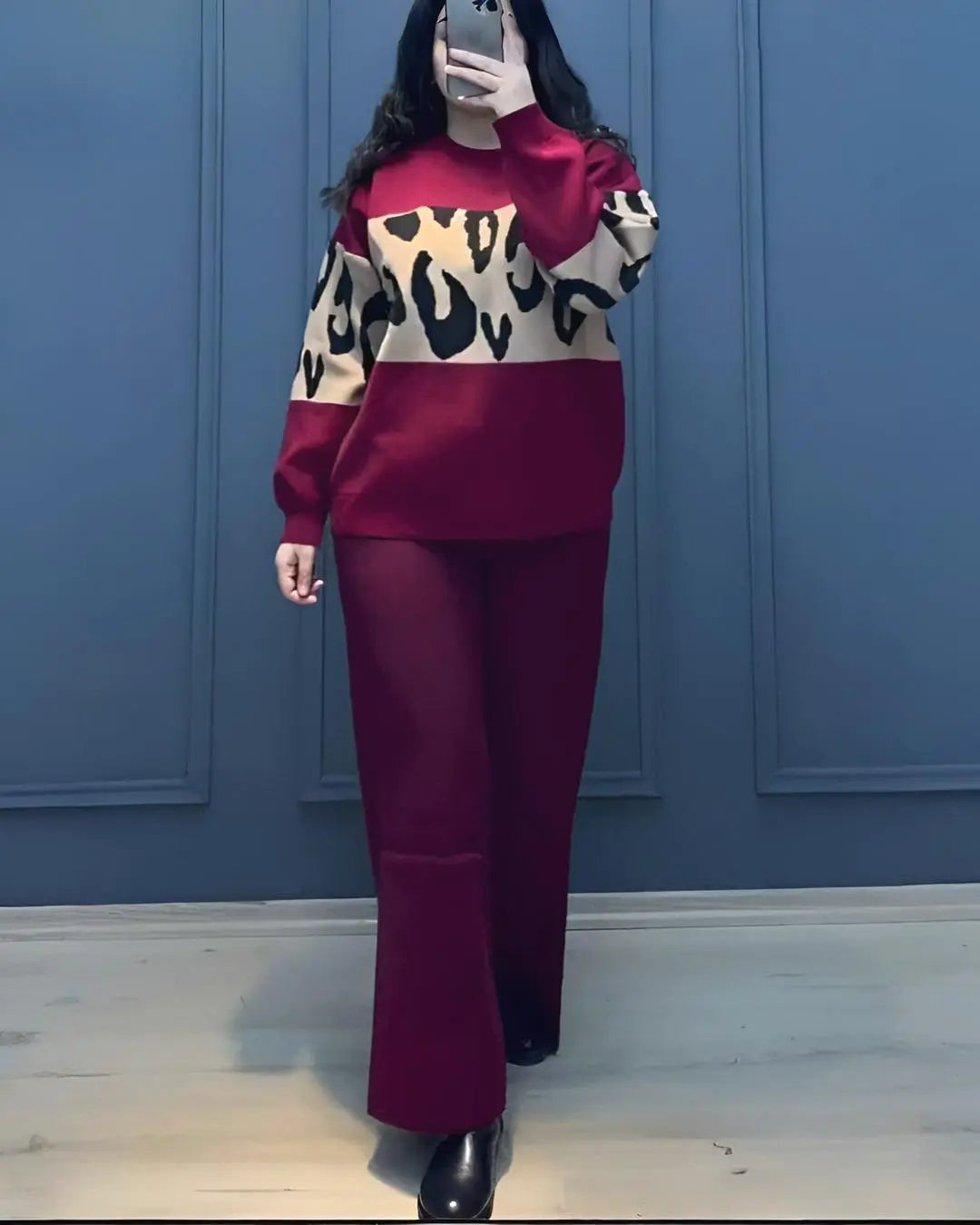 "Maroon wild print fleece co-ord set for women—warm stylish winter nightwear"