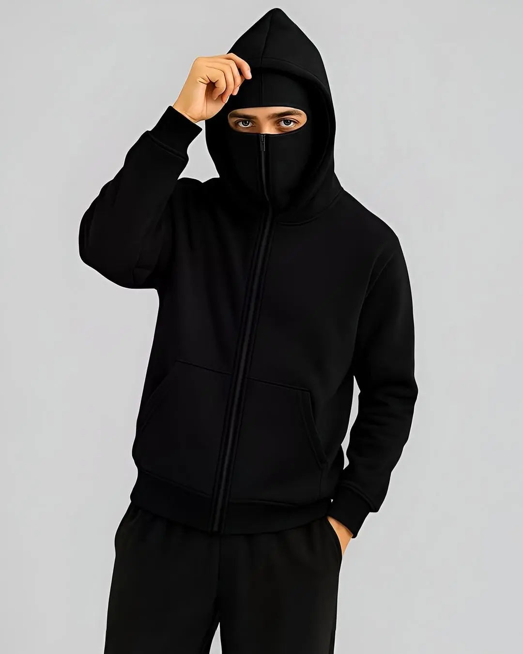 "Men’s balaclava ninja zipper hoodie – black jacket, warm and stylish winter wear"