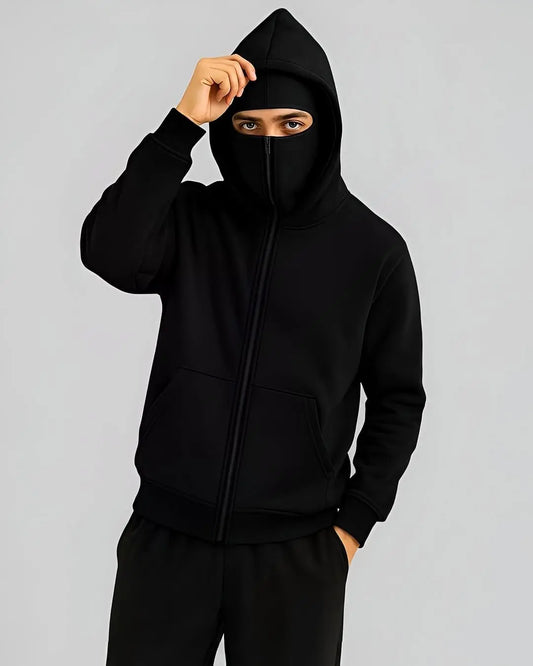 "Men’s balaclava ninja zipper hoodie – black jacket, warm and stylish winter wear"