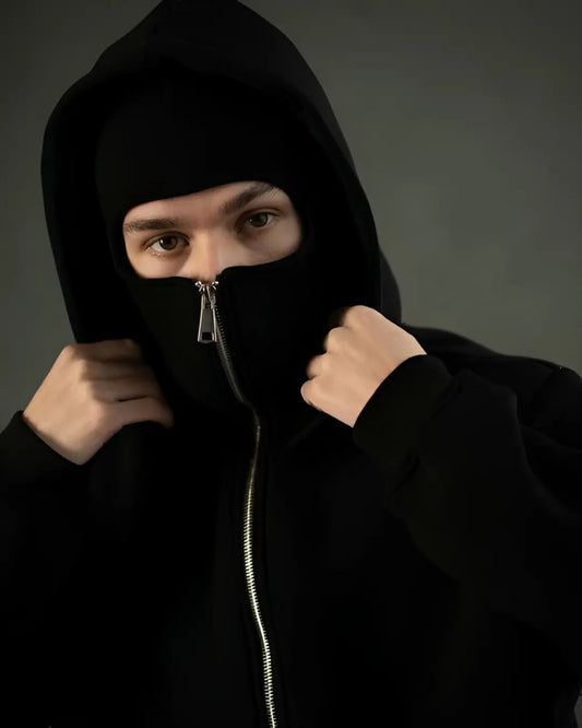 Men’s Balaclava Ninja Zipper Hoodie Black Jacket with built-in face mask