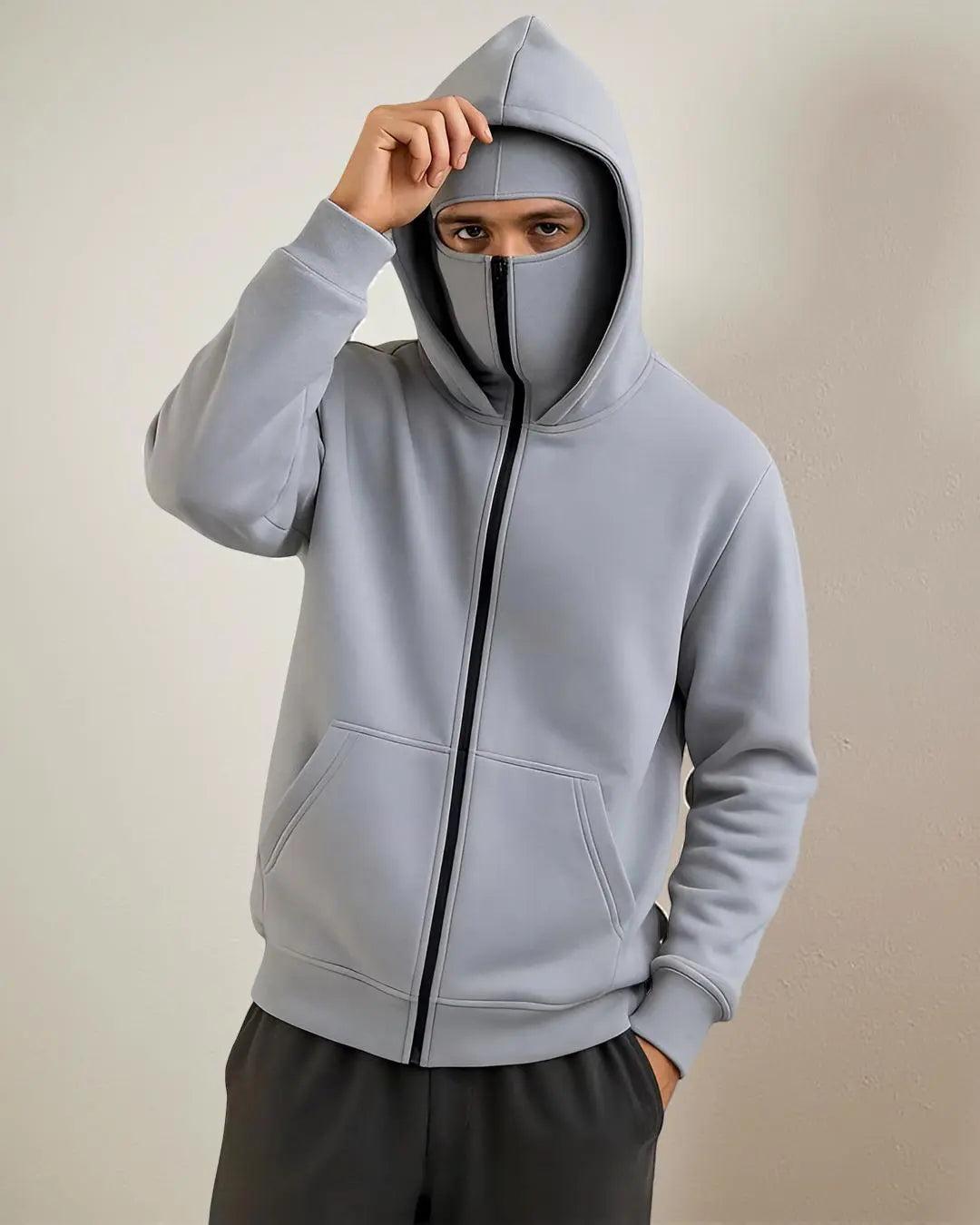 Men’s Balaclava Ninja Zipper Hoodie in grey fleece with built-in mask and zipper