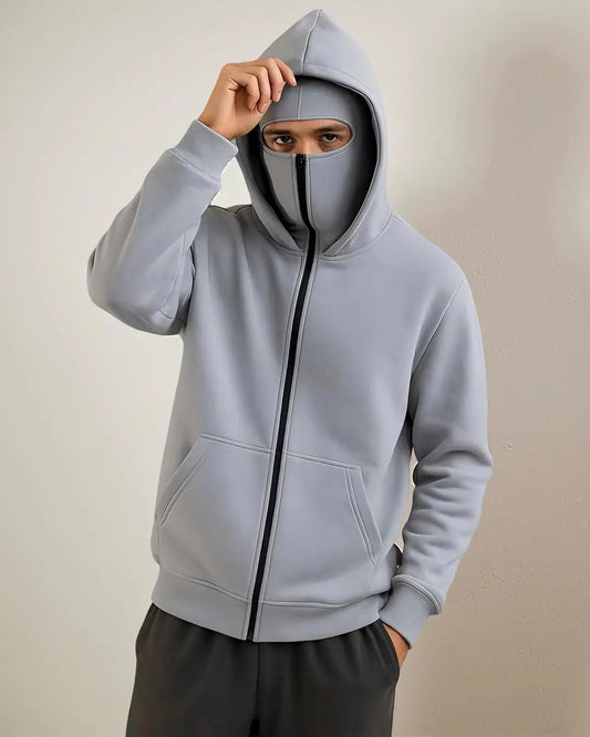 Men’s Balaclava Ninja Zipper Hoodie in grey fleece with built-in mask and zipper