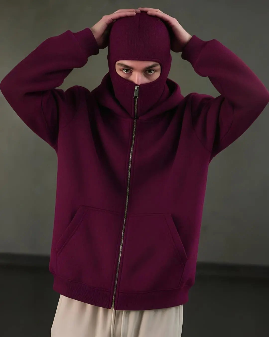 Men’s Balaclava Ninja Zipper Hoodie in maroon fleece with built-in face mask and zipper front