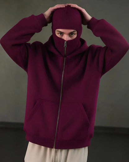 Men’s Balaclava Ninja Zipper Hoodie in maroon fleece with built-in face mask and zipper front