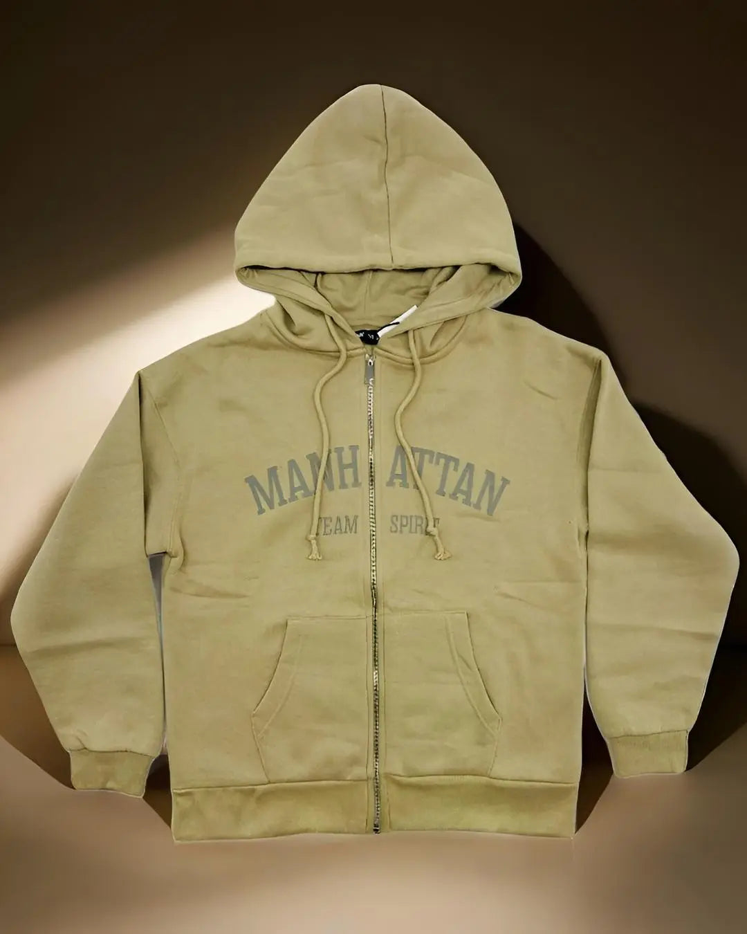 Men’s Manhattan Team Spirit Zipper Hoodie in camel brown color with front zipper and printed design