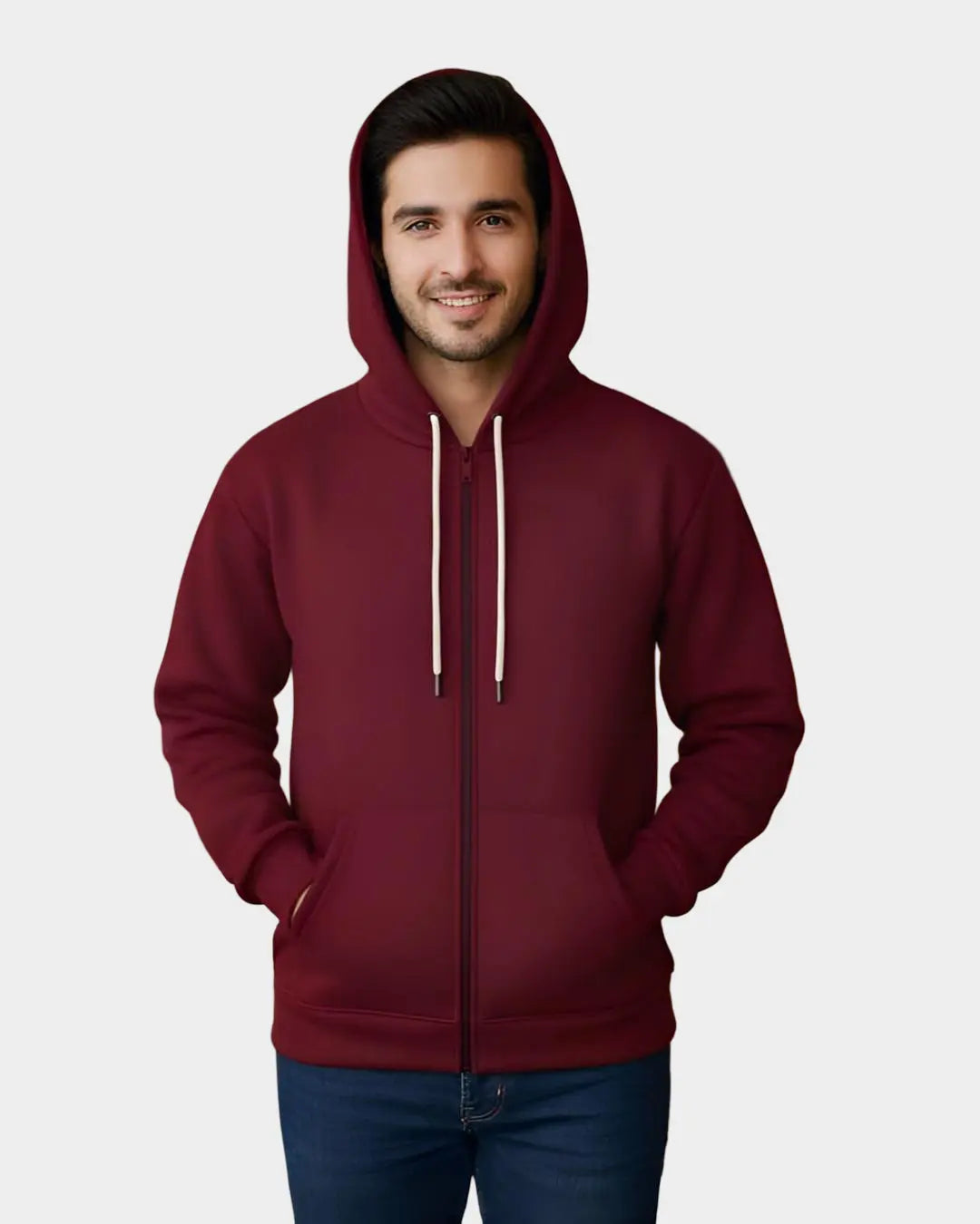 Men’s Maroon Winter Zipper Hoodie made from soft fleece with hood and front zipper