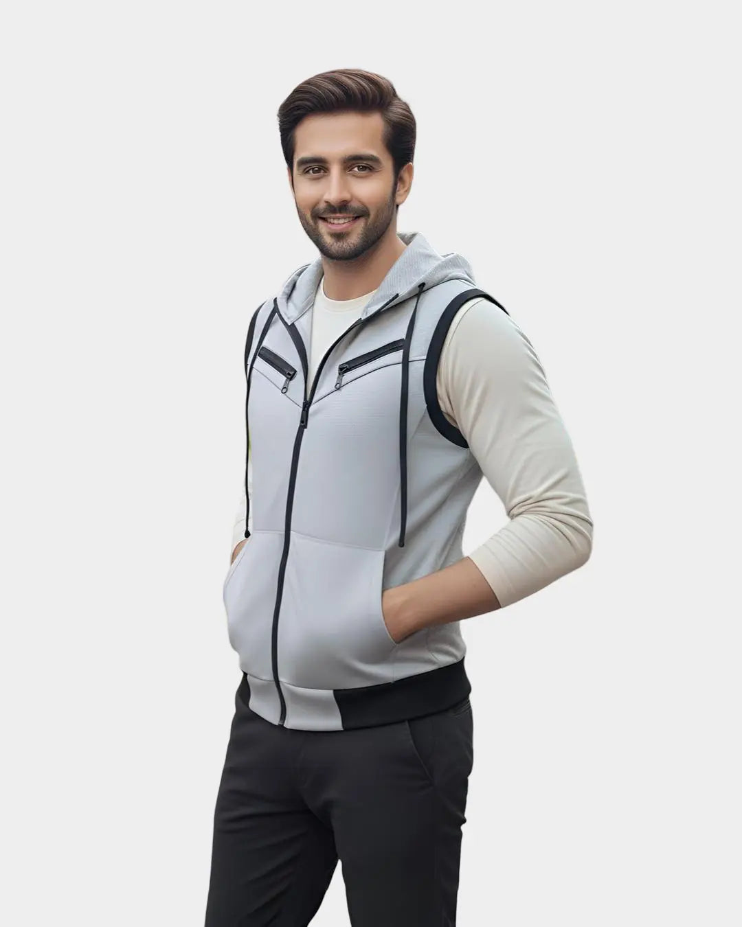 Men’s Winter Sleeveless Hooded Zipper Jacket in soft fleece with front zipper and adjustable hood