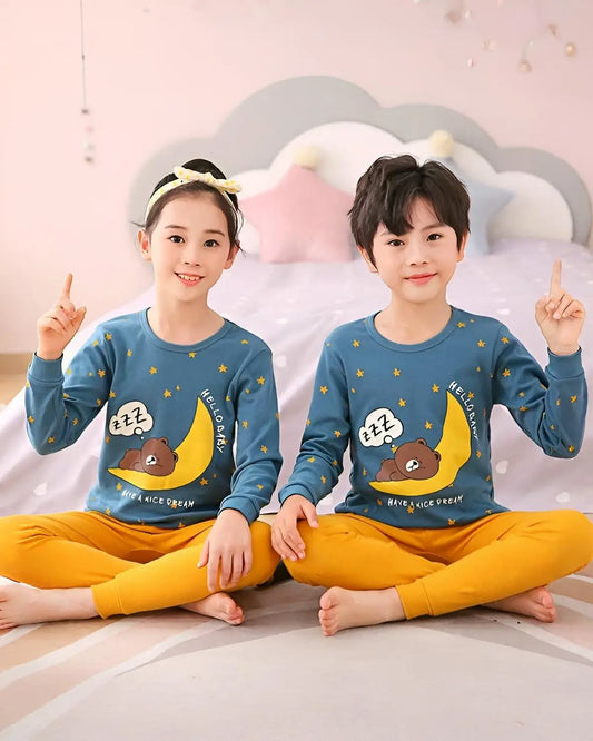 Moon printed cotton night suit for kids – DreamySet sleepwear Pakistan