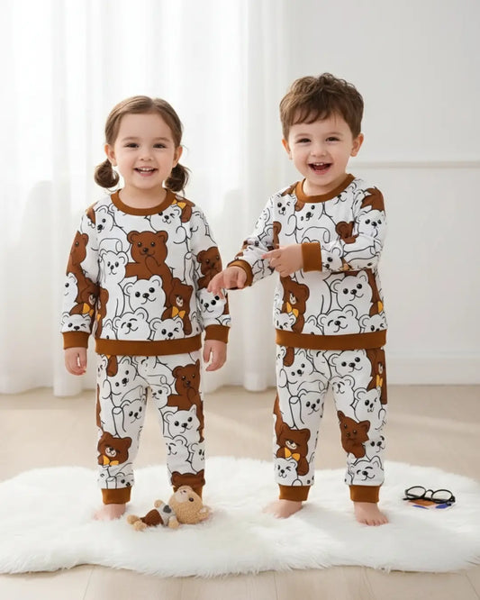 A kids' two-piece winter suit with a repeating print of brown and white bears.