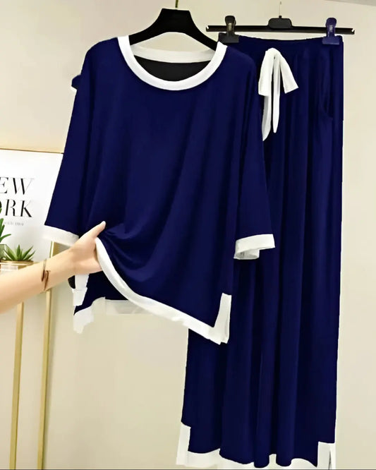 "Navy blue simple palazzo style nightwear – soft comfortable women’s sleepwear set"