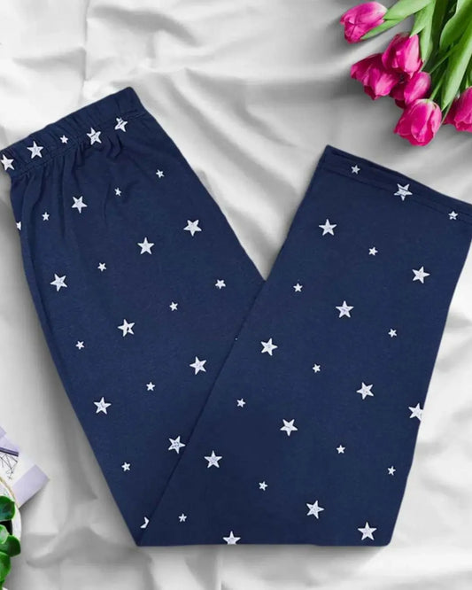 Navy blue star print trousers, a comfortable and stylish lounge pant.