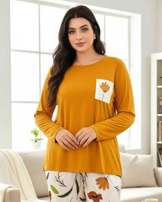 "Night suit with beige love print – soft comfortable women’s sleepwear"