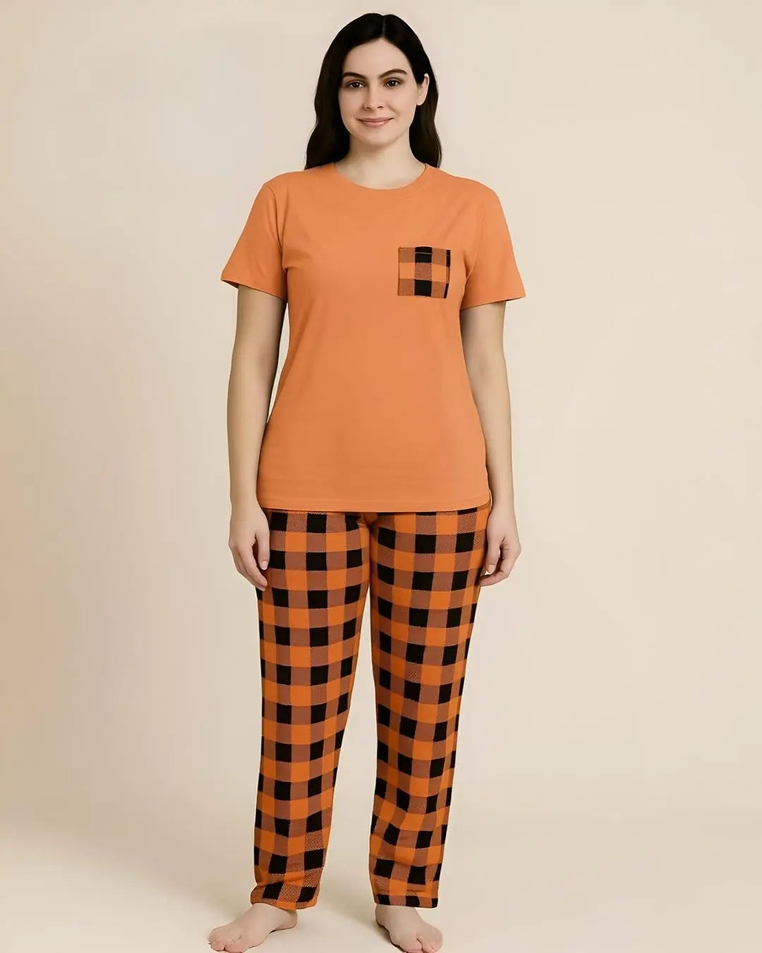 Orange Night Suit for Women with Black Check Print Pajama and Pocket Design