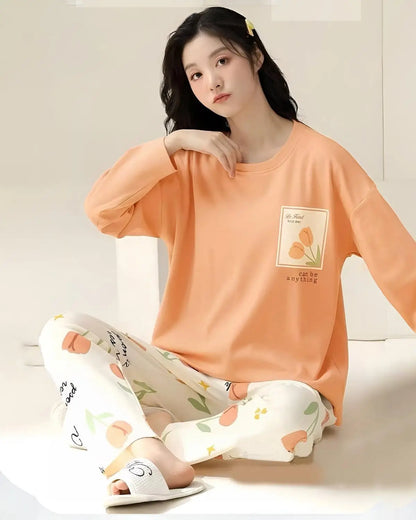 Orange floral full-sleeve night suit for women in Pakistan