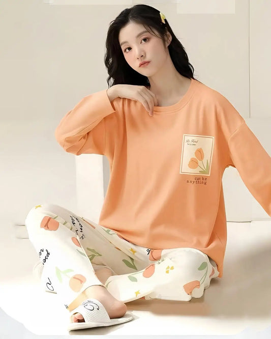 Orange floral full-sleeve night suit for women in Pakistan