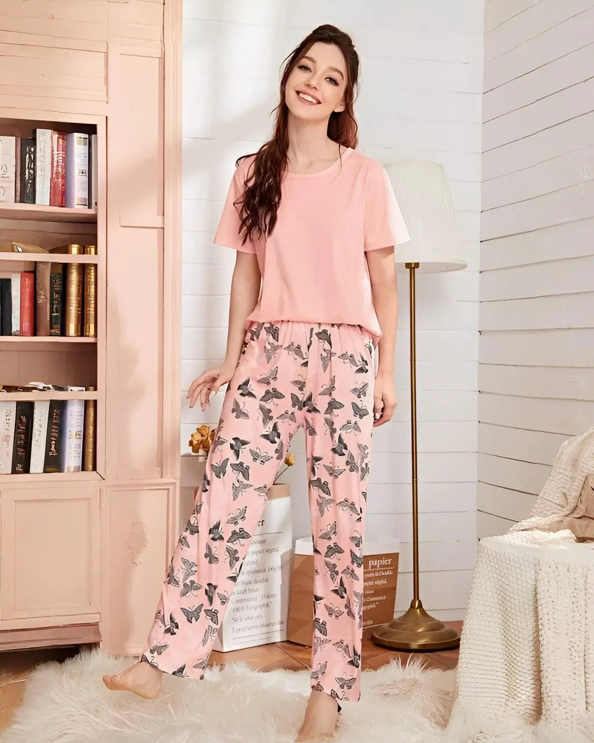 Pink baby girl night suit with butterfly print in soft cotton