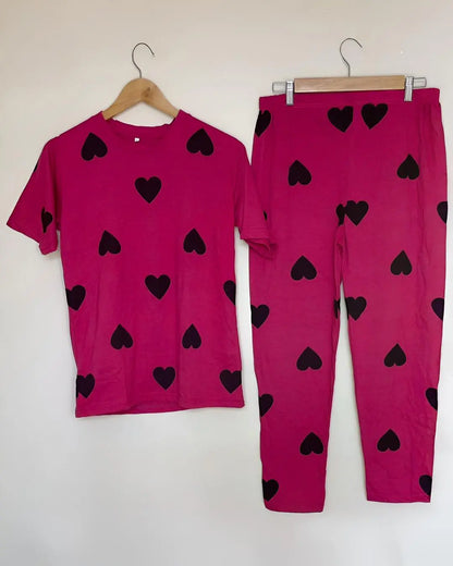"Pink and black heart nightwear for women—soft, comfortable sleepwear set"