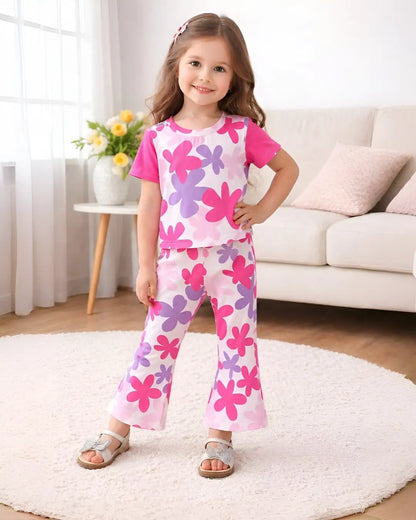 Pink Blossom Print Girls Casual Set with colorful floral print top and matching pants for girls summer wear.