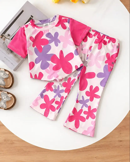 Pink blossom print girls casual set – stylish comfortable outfit for everyday wear