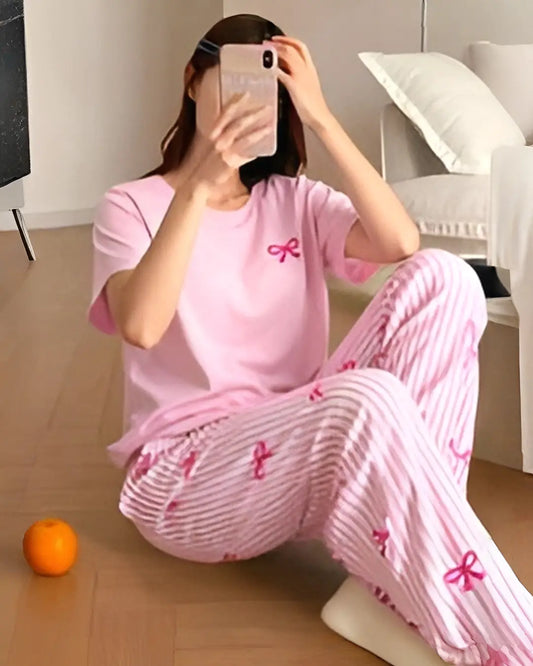 Pink Bow Stripe Pajama Women Nightwear Set with pink striped top and matching pajama pants featuring cute bow details.
