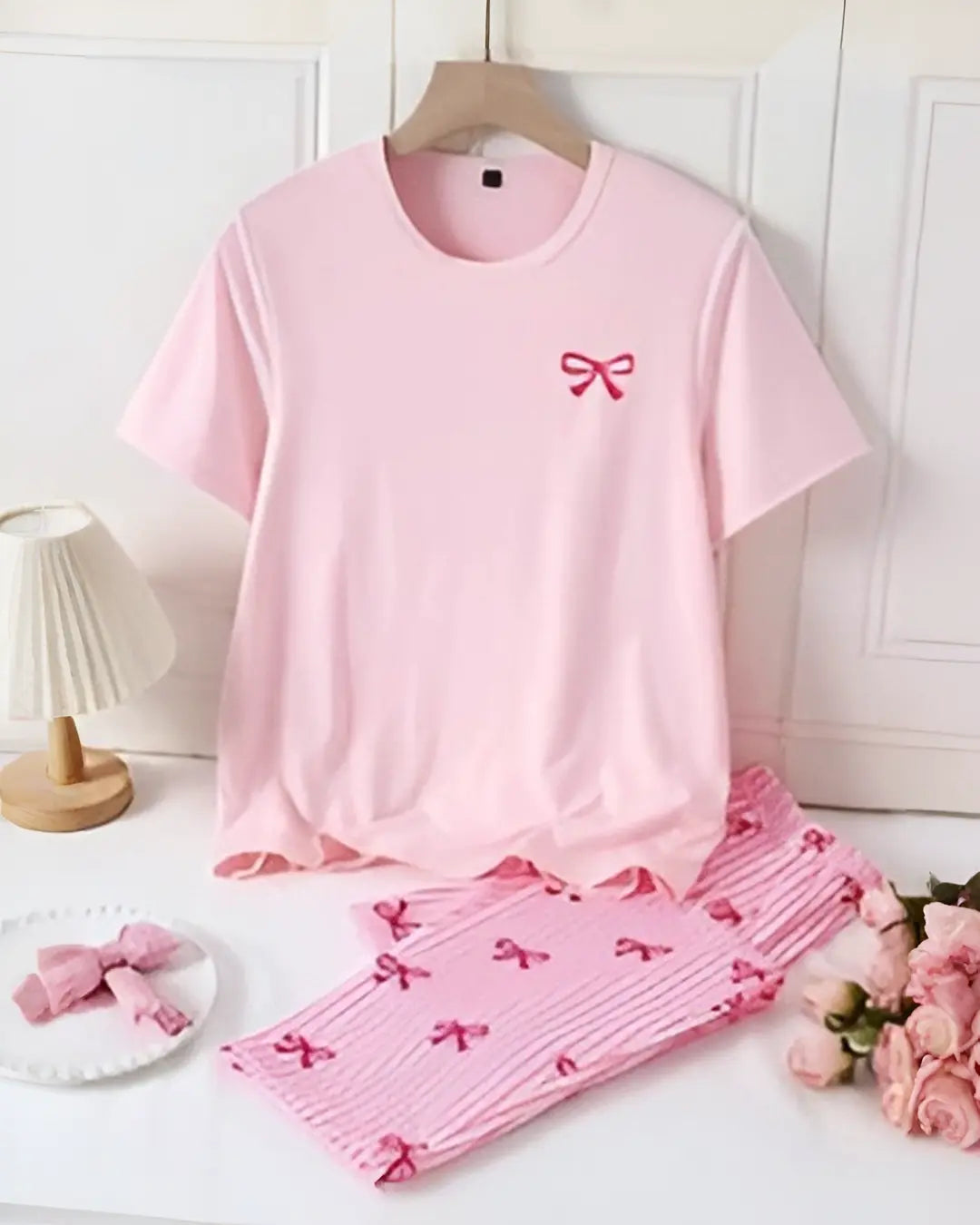 Pink Bow Stripe Pajama Women Nightwear Set