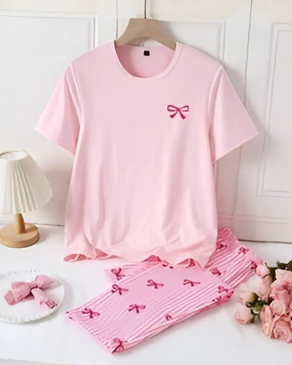 Pink Bow Stripe Pajama Women Nightwear Set