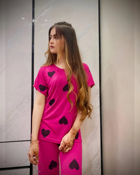Pink nightsuit with black heart print for women in Pakistan