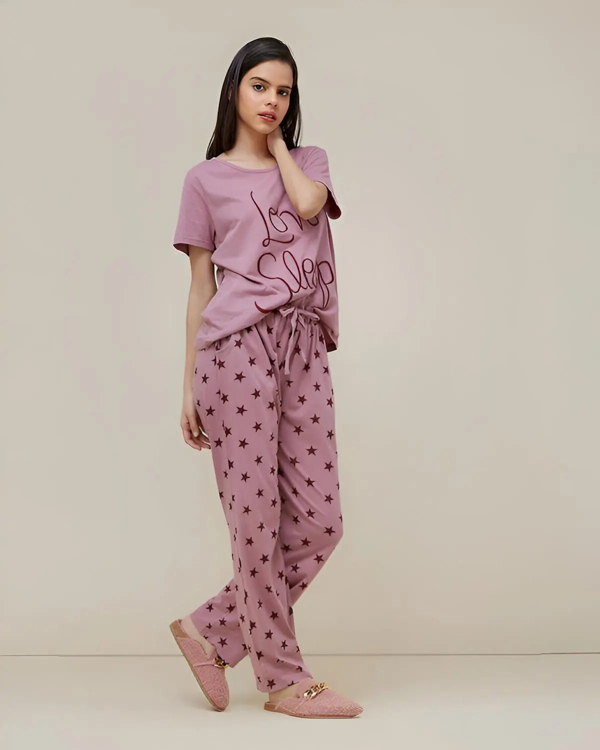 Pink love sleep design cotton night suit for women in Pakistan