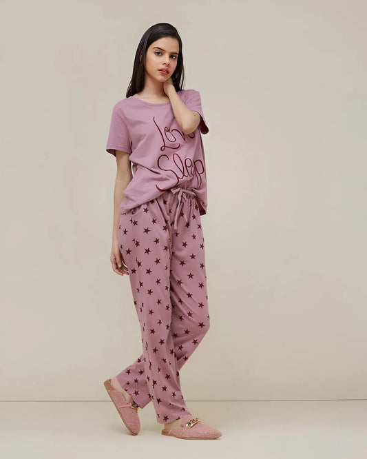 Pink love sleep design cotton night suit for women in Pakistan