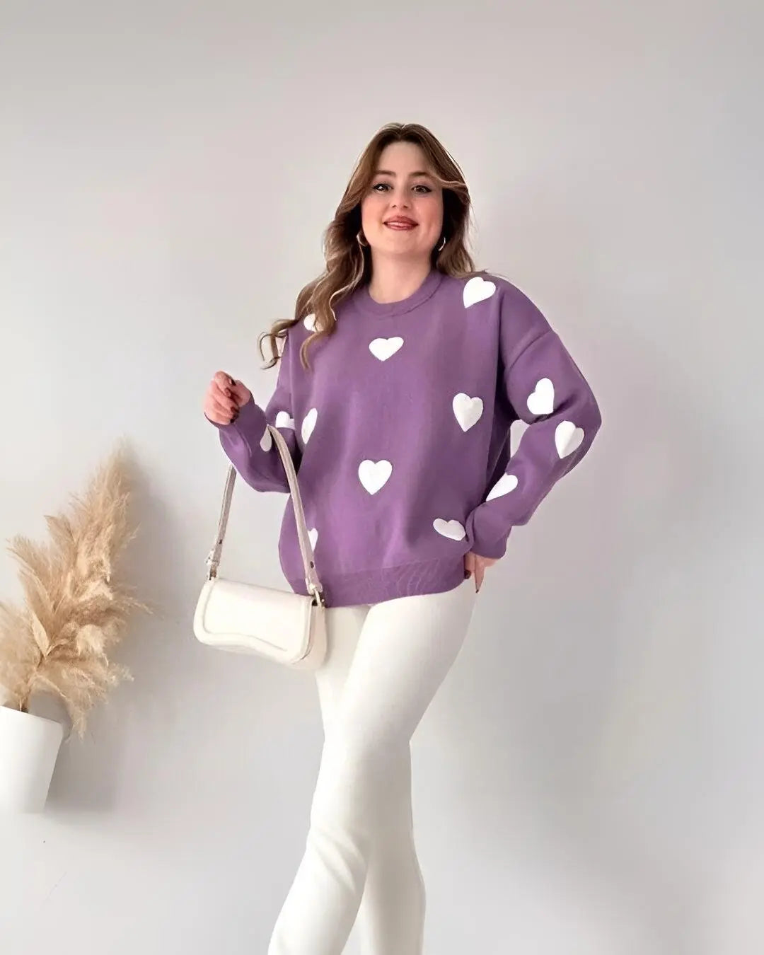 "Purple winter heart print co-ord set for women – warm fleece nightwear"