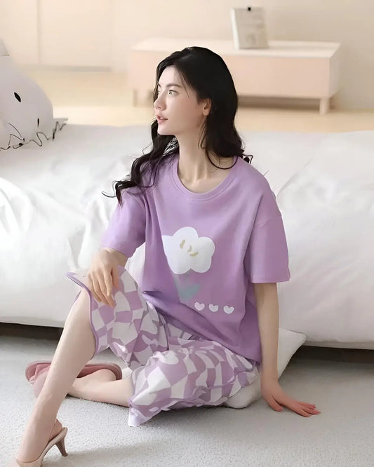 Purple check print cotton night suit for women in Pakistan