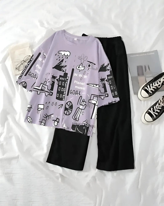 Purple funky printed cotton nightsuit for women in Pakistan