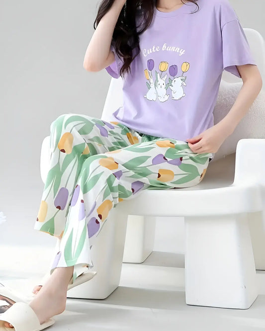 Rabbit and floral print night suit for women – cotton sleepwear set
