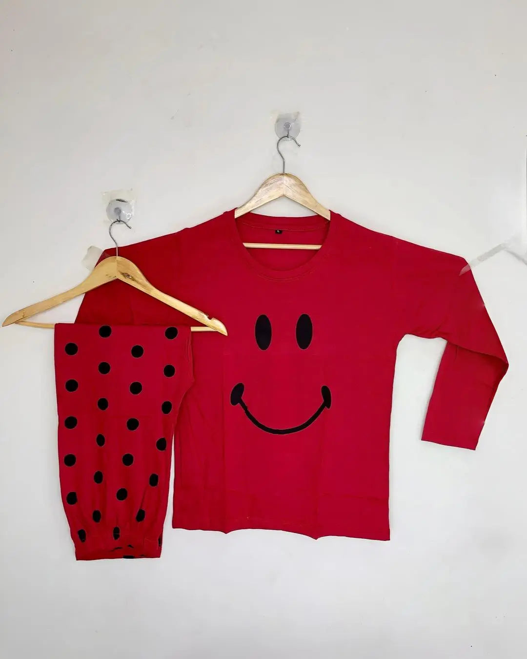 "Red smiley night suit for women—soft and comfortable sleepwear set"