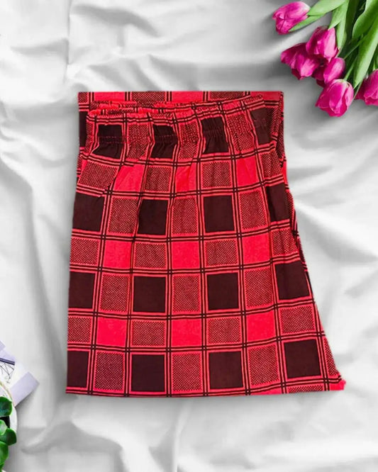 Red and black check print trousers, a comfortable and stylish pajama or lounge pants.