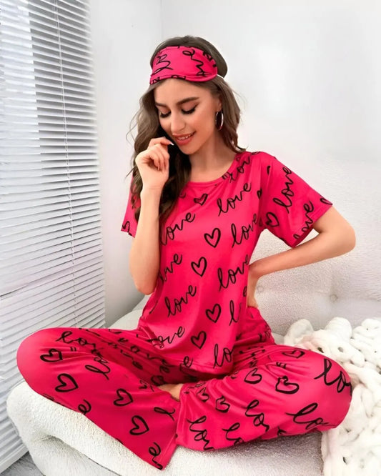 Shocking pink heart nightwear for women—stylish cozy sleepwear set"